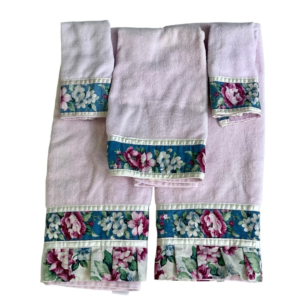 Vintage R A Briggs 5pc Towel Set Pink Botanical Floral Pleated Ruffle USA READ